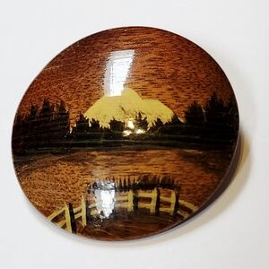 Alma Call Myrtlewood  Brooch Pin from Oregon Vintage Landscape Mountain
